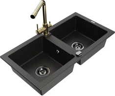 Granitinė virtuvinė plautuvė Mexen Mario su maišytuvu ir sifonu, Metallic juodas/auksinis+Gold