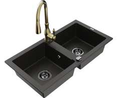 Granitinė virtuvinė plautuvė Mexen Mario su maišytuvu ir sifonu, Metallic juodas/auksinis+Gold