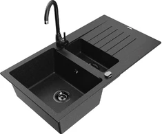 Granitinė virtuvinė plautuvė Mexen Matias su maišytuvu ir sifonu, Metallic juodas/sidabrinis+Juodas