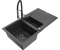Granitinė virtuvinė plautuvė Mexen Matias su maišytuvu ir sifonu, Juodas granite+Juodas/Chrome