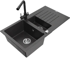 Granitinė virtuvinė plautuvė Mexen Matias su maišytuvu ir sifonu, Juodas granite+Juodas