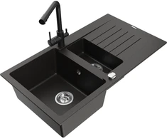 Granitinė virtuvinė plautuvė Mexen Matias su maišytuvu ir sifonu, Metallic juodas/auksinis+Juodas