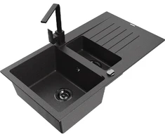 Granitinė virtuvinė plautuvė Mexen Matias su maišytuvu ir sifonu, Juodas granite+Juodas