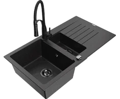 Granitinė virtuvinė plautuvė Mexen Matias su maišytuvu ir sifonu, Metallic juodas/sidabrinis+Juodas