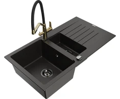 Granitinė virtuvinė plautuvė Mexen Matias su maišytuvu ir sifonu, Metallic juodas/auksinis+Juodas/Gold