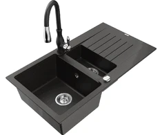 Granitinė virtuvinė plautuvė Mexen Matias su maišytuvu ir sifonu, Metallic juodas/auksinis+Juodas