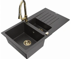 Granitinė virtuvinė plautuvė Mexen Matias su maišytuvu ir sifonu, Juodas granite+Gold