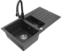 Granitinė virtuvinė plautuvė Mexen Matias su maišytuvu ir sifonu, Juodas granite+Juodas