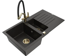 Granitinė virtuvinė plautuvė Mexen Matias su maišytuvu ir sifonu, Metallic juodas/auksinis+Juodas/Gold