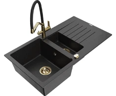 Granitinė virtuvinė plautuvė Mexen Matias su maišytuvu ir sifonu, Metallic juodas/sidabrinis+Juodas/Gold