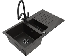 Granitinė virtuvinė plautuvė Mexen Matias su maišytuvu ir sifonu, Metallic juodas/auksinis+Juodas