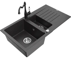 Granitinė virtuvinė plautuvė Mexen Matias su maišytuvu ir sifonu, Juodas granite+Juodas