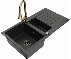 Granitinė virtuvinė plautuvė Mexen Matias su maišytuvu ir sifonu, Metallic juodas/auksinis+Gold