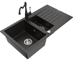 Granitinė virtuvinė plautuvė Mexen Matias su maišytuvu ir sifonu, Metallic juodas/auksinis+Juodas