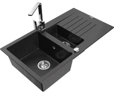 Granitinė virtuvinė plautuvė Mexen Matias su maišytuvu ir sifonu, Metallic juodas/sidabrinis+Chrome