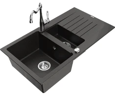Granitinė virtuvinė plautuvė Mexen Matias su maišytuvu ir sifonu, Metallic juodas/auksinis+Chrome
