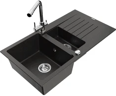 Granitinė virtuvinė plautuvė Mexen Matias su maišytuvu ir sifonu, Metallic juodas/auksinis+Chrome
