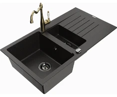 Granitinė virtuvinė plautuvė Mexen Matias su maišytuvu ir sifonu, Metallic juodas/auksinis+Gold