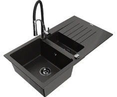 Granitinė virtuvinė plautuvė Mexen Matias su maišytuvu ir sifonu, Metallic juodas/auksinis+Juodas/Chrome