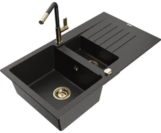 Granitinė virtuvinė plautuvė Mexen Matias su maišytuvu ir sifonu, Metallic juodas/auksinis+Juodas/Gold