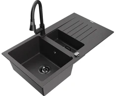 Granitinė virtuvinė plautuvė Mexen Matias su maišytuvu ir sifonu, Juodas granite+Juodas