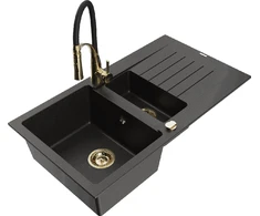 Granitinė virtuvinė plautuvė Mexen Matias su maišytuvu ir sifonu, Metallic juodas/auksinis+Juodas/Gold