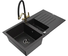 Granitinė virtuvinė plautuvė Mexen Matias su maišytuvu ir sifonu, Metallic juodas/sidabrinis+Juodas/Gold