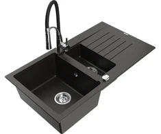 Granitinė virtuvinė plautuvė Mexen Matias su maišytuvu ir sifonu, Metallic juodas/auksinis+Juodas/Chrome