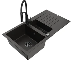 Granitinė virtuvinė plautuvė Mexen Matias su maišytuvu ir sifonu, Metallic juodas/auksinis+Juodas
