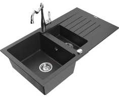 Granitinė virtuvinė plautuvė Mexen Matias su maišytuvu ir sifonu, Juodas granite+Chrome