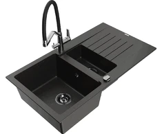 Granitinė virtuvinė plautuvė Mexen Matias su maišytuvu ir sifonu, Metallic juodas/auksinis+Juodas/Chrome