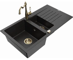 Granitinė virtuvinė plautuvė Mexen Matias su maišytuvu ir sifonu, Metallic juodas/sidabrinis+Gold