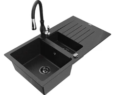 Granitinė virtuvinė plautuvė Mexen Matias su maišytuvu ir sifonu, Metallic juodas/sidabrinis+Juodas