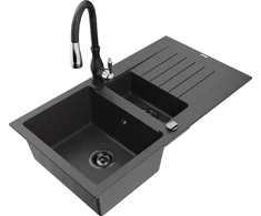 Granitinė virtuvinė plautuvė Mexen Matias su maišytuvu ir sifonu, Juodas granite+Juodas