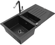 Granitinė virtuvinė plautuvė Mexen Matias su maišytuvu ir sifonu, Metallic juodas/sidabrinis+Juodas/Chrome