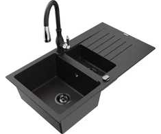 Granitinė virtuvinė plautuvė Mexen Matias su maišytuvu ir sifonu, Metallic juodas/auksinis+Juodas