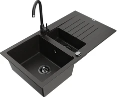 Granitinė virtuvinė plautuvė Mexen Matias su maišytuvu ir sifonu, Metallic juodas/auksinis+Juodas