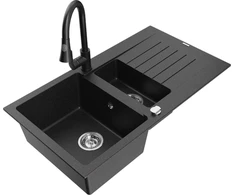 Granitinė virtuvinė plautuvė Mexen Matias su maišytuvu ir sifonu, Metallic juodas/sidabrinis+Juodas