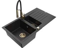 Granitinė virtuvinė plautuvė Mexen Matias su maišytuvu ir sifonu, Metallic juodas/sidabrinis+Juodas/Gold