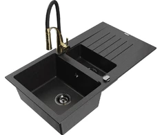 Granitinė virtuvinė plautuvė Mexen Matias su maišytuvu ir sifonu, Metallic juodas/sidabrinis+Juodas/Gold