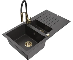 Granitinė virtuvinė plautuvė Mexen Matias su maišytuvu ir sifonu, Juodas granite+Juodas/Gold