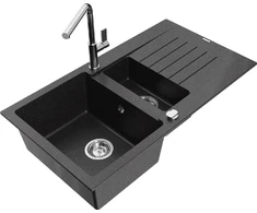Granitinė virtuvinė plautuvė Mexen Matias su maišytuvu ir sifonu, Metallic juodas/sidabrinis+Chrome