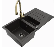 Granitinė virtuvinė plautuvė Mexen Matias su maišytuvu ir sifonu, Metallic juodas/auksinis+Gold