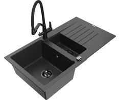 Granitinė virtuvinė plautuvė Mexen Matias su maišytuvu ir sifonu, Juodas granite+Juodas