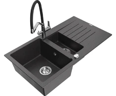 Granitinė virtuvinė plautuvė Mexen Matias su maišytuvu ir sifonu, Juodas granite+Juodas/Chrome