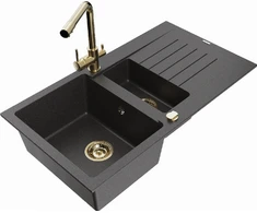 Granitinė virtuvinė plautuvė Mexen Matias su maišytuvu ir sifonu, Juodas granite+Gold