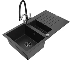 Granitinė virtuvinė plautuvė Mexen Matias su maišytuvu ir sifonu, Metallic juodas/sidabrinis+Juodas/Chrome