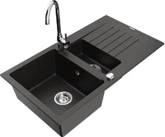 Granitinė virtuvinė plautuvė Mexen Matias su maišytuvu ir sifonu, Metallic juodas/auksinis+Chrome
