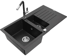 Granitinė virtuvinė plautuvė Mexen Matias su maišytuvu ir sifonu, Metallic juodas/sidabrinis+Juodas/Chrome