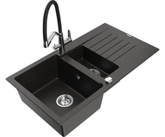 Granitinė virtuvinė plautuvė Mexen Matias su maišytuvu ir sifonu, Metallic juodas/auksinis+Juodas/Chrome